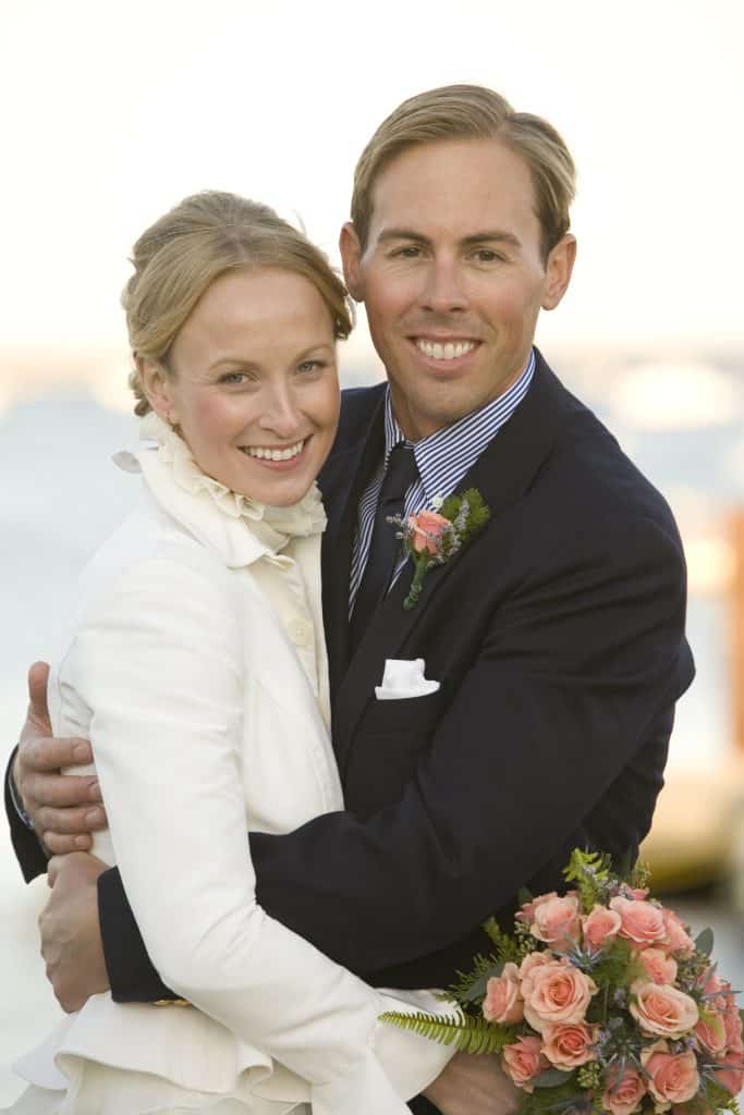 Bride and groom embracing during a Nantucket wedding portrait session.